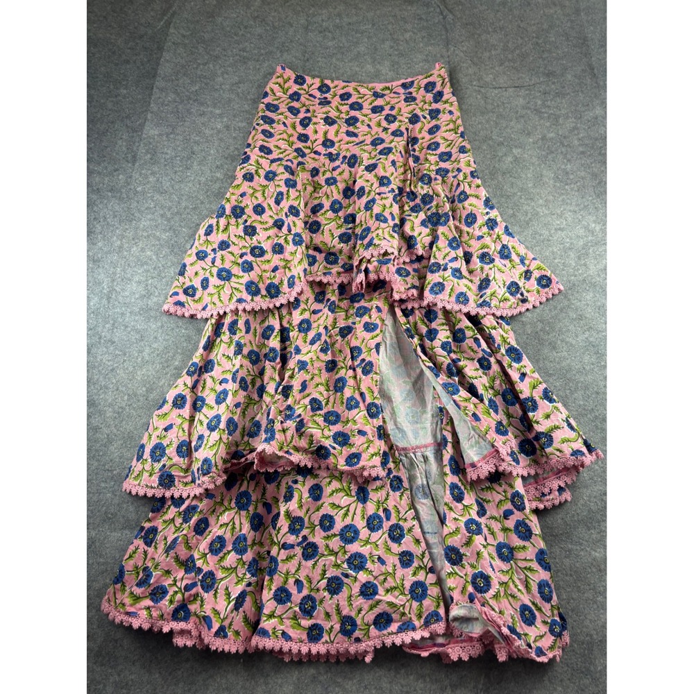 EDDY Anthropologie Floral Tiered Maxi Skirt Cotton Lace Boho Prairie Skirt Sz 6